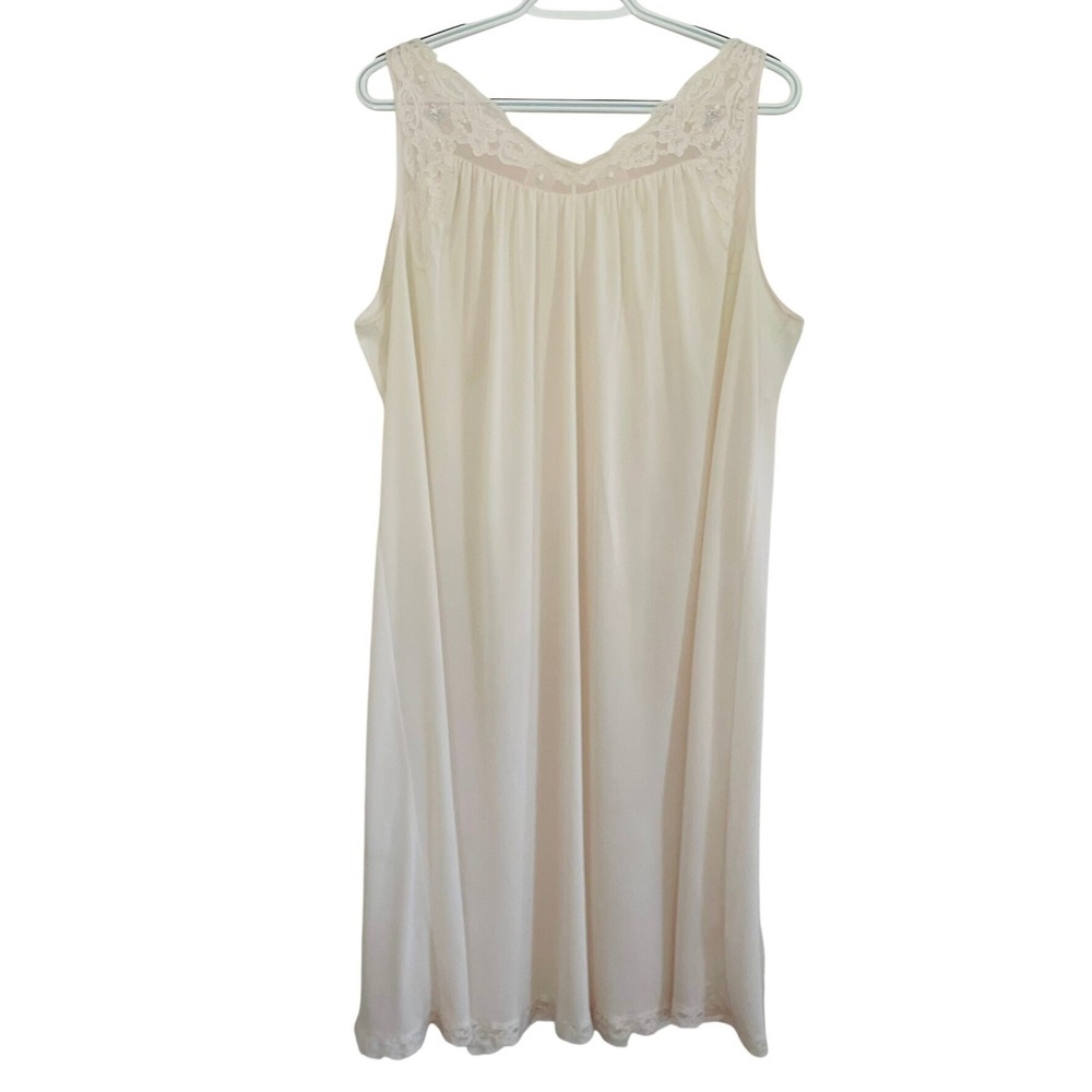 Vtg Shadowline Nylon Nightgown Womens Large Beige Pink Lace Floral Embroidery